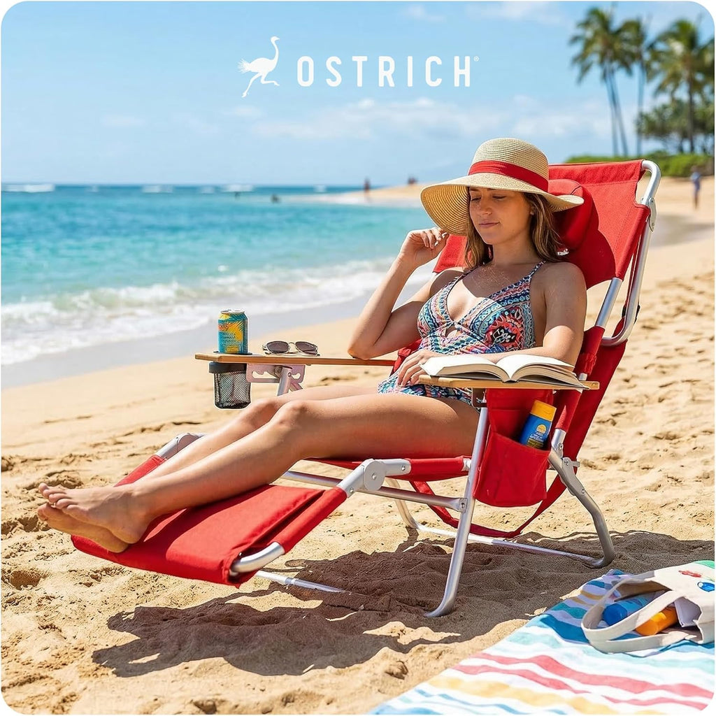 Ostrich the Deluxe 3N1 Lightweight Lawn Beach Reclining Lounge Chair with Footrest, Outdoor Furniture for Patio, Balcony, Backyard, or Porch, Red