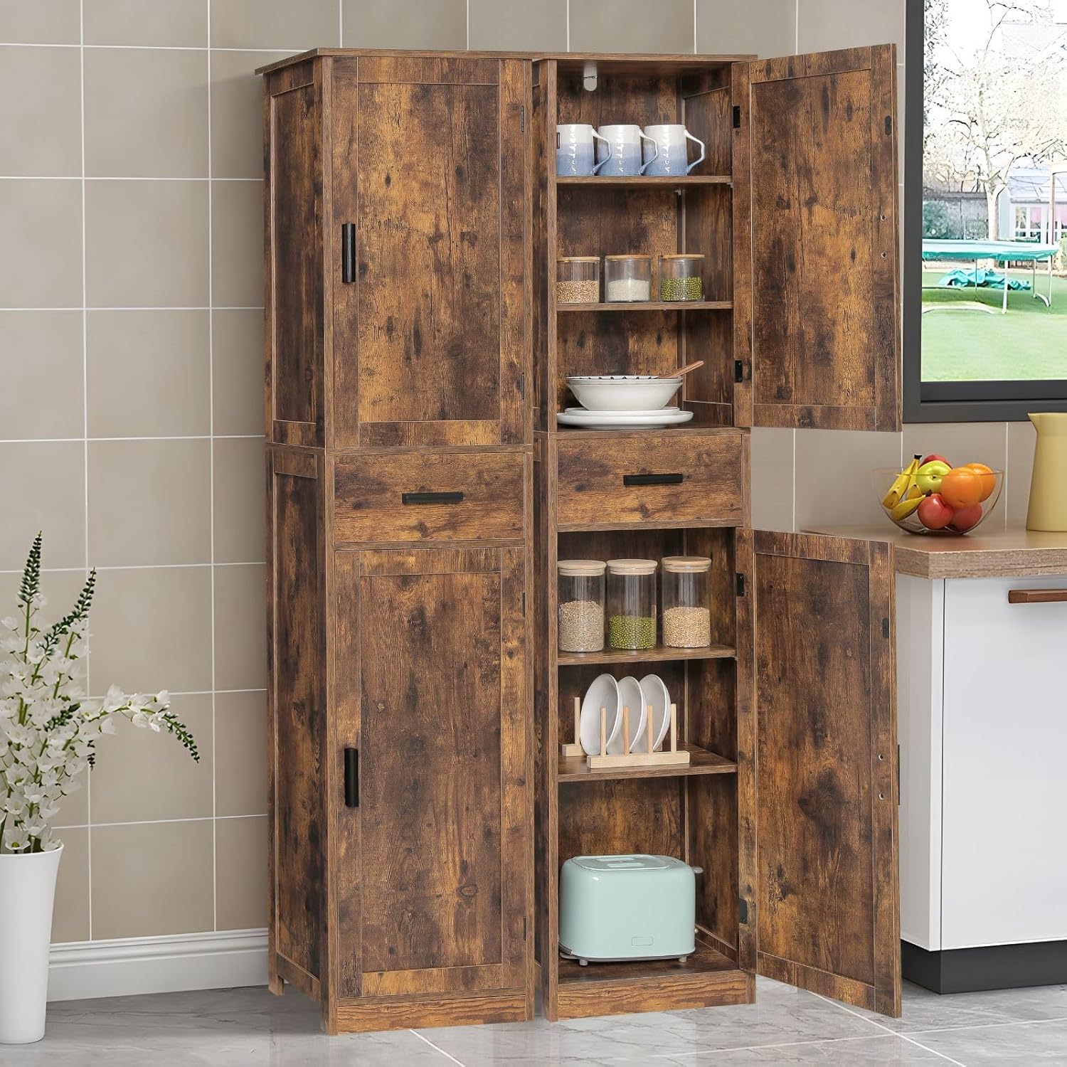 usikey 67'' Tall Storage Cabinet with Adjustable Shelves & 2 Doors, Bathroom Cabinet with 1 Drawer, Narrow Tall Cabinets for Living Room, Home Office, Rustic Brown UNSNG040F