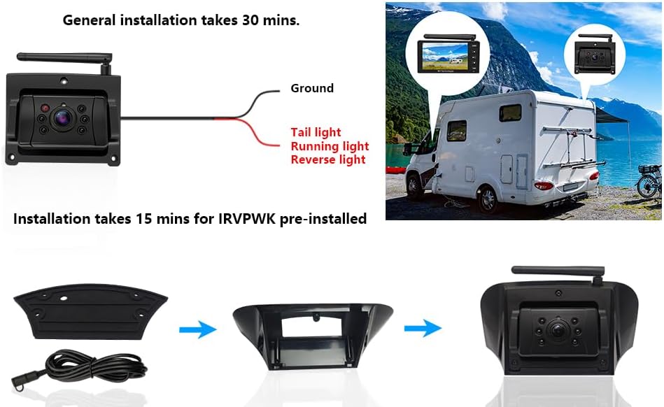 Backup Camera ProAuto iRVCM1 Wireless Rear Camera 5" Monitor and IP66 Waterproof Camera Auto Pairing Infrared Night Version 120°Angle Rear View Reverse Camera with Astern Indicator Line for Car  RV