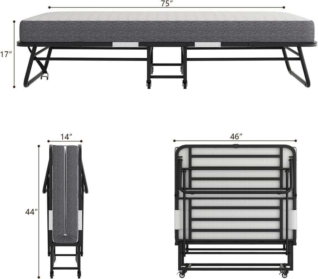 75''x46'' Folding Bed with Mattress for Adults, Large Size Roll Away Bed for Guest, Portable Folded Mattress