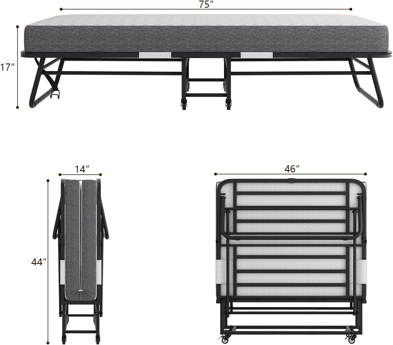 75''x46'' Folding Bed with Mattress for Adults, Large Size Roll Away Bed for Guest, Portable Folded Mattress