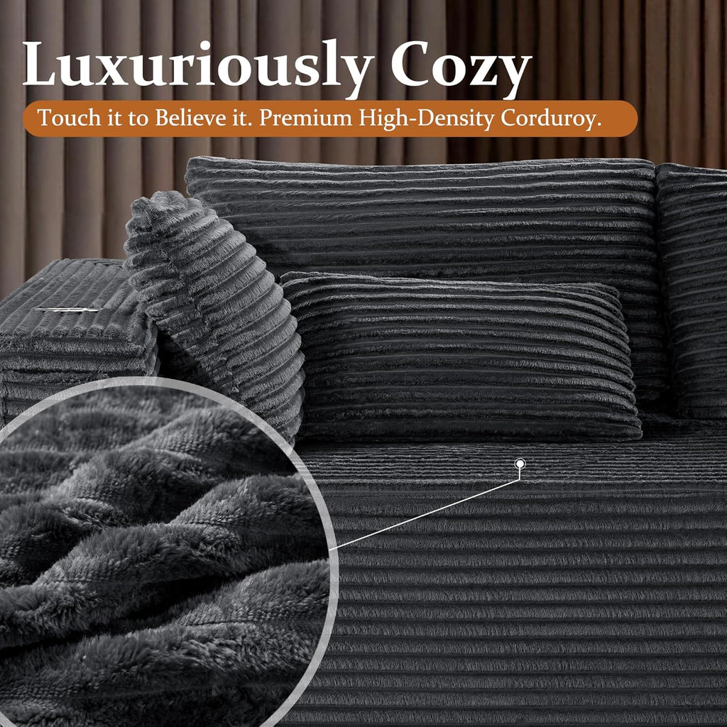 108" Cloud Sectional Couch, Comfort U Shaped Boneless Couch for Living Room, Extra Deep Seats No Assembly, Minimalist Modular Sofa, Corduroy (Dark Grey, 2 Seater+Left Facing Chaise+Ottoman)