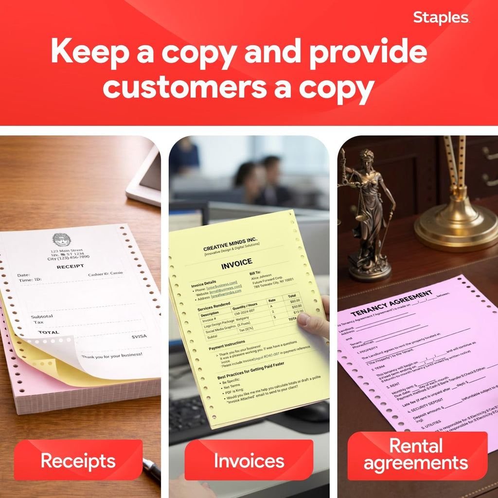 Staples Carbonless NCR Computer Paper, 3 Part Continuous Forms, 9.5 x 11 Inch, White/Canary/Pink, Collated Multi-Part Paper, 1100 Sheets for Invoices & Forms