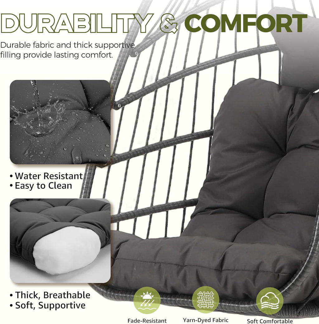 RADIATA Foldable Hanging Egg Swing Chair No Stand, Indoor Outdoor Wicker Basket Chair with Comfy Cushion, 350Lbs Durable Portable Hanging Hammock Seat for Bedroom Patio Porch Balcony, Dark Grey