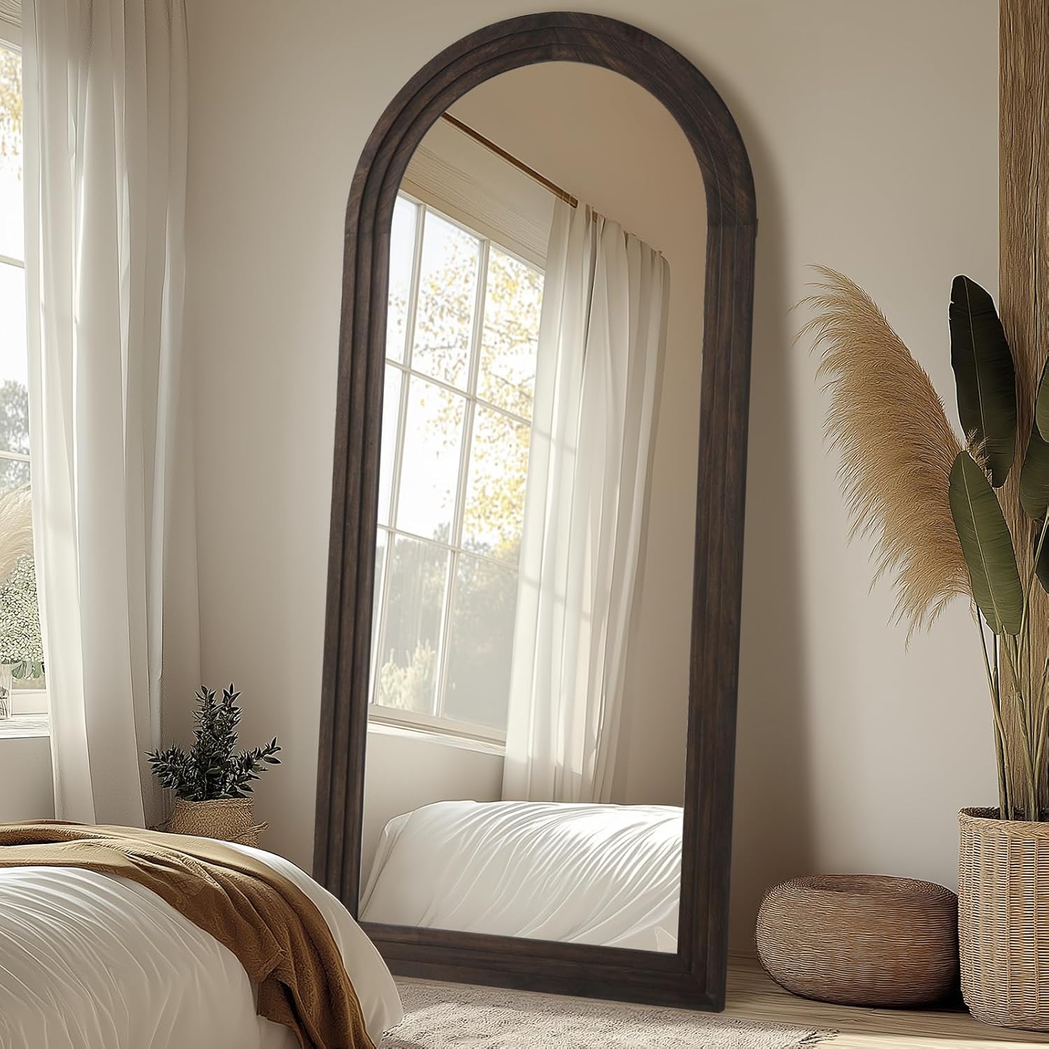 Rustic Standing Full Length Mirror Wood Frame, 71"X32" Large Arched Floor Mirror with Stand, Farmhouse Wood Mirror Full Length for Bedroom Living Room Entryway, Leaning or Wall Mounted, Brown