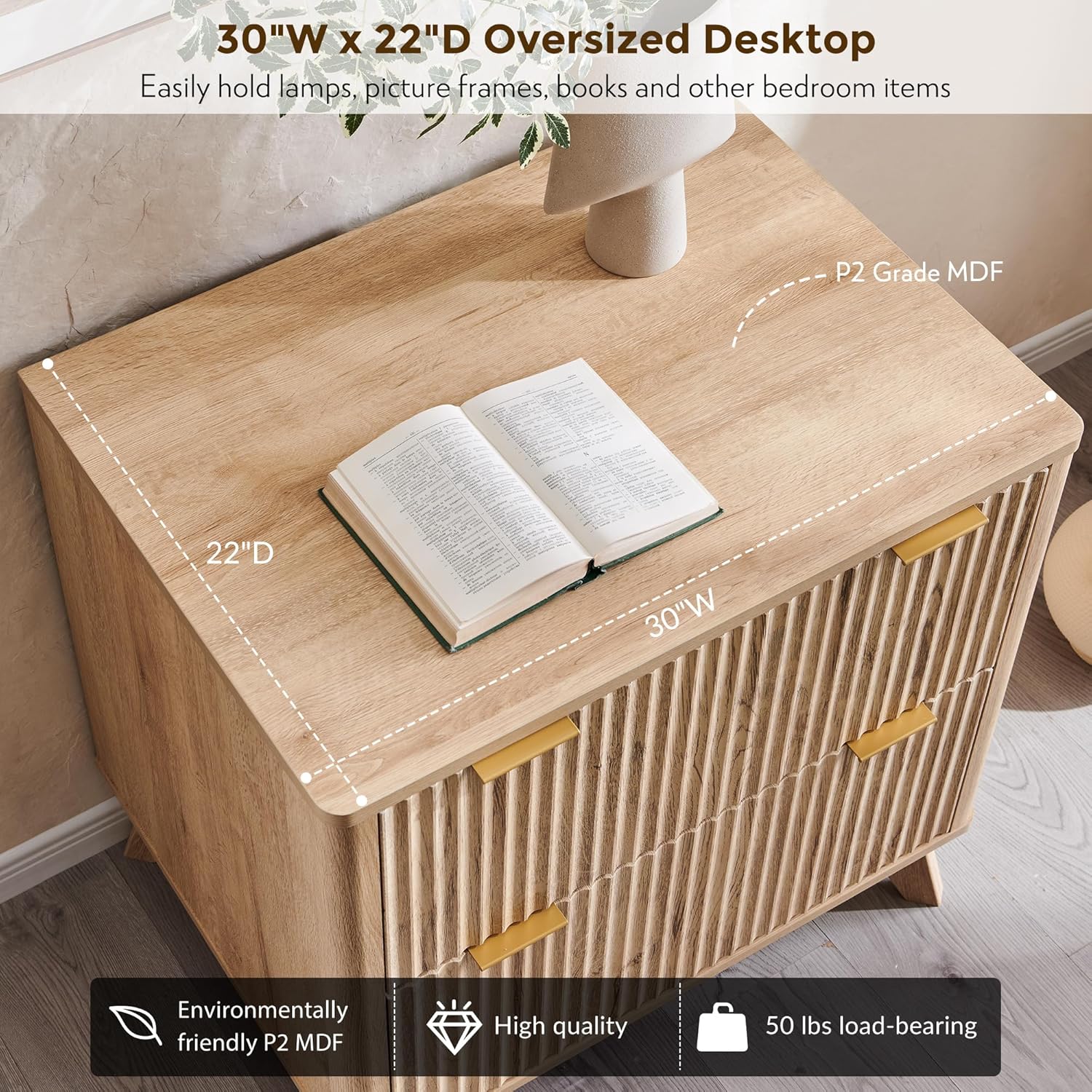 T4TREAM Modern Fluted Wood Night Stand, 30" Tall Bedside Table with 2 Drawers & Large Tabletop, Side Tables Bedroom, End Table for Living Room, Natural Oak