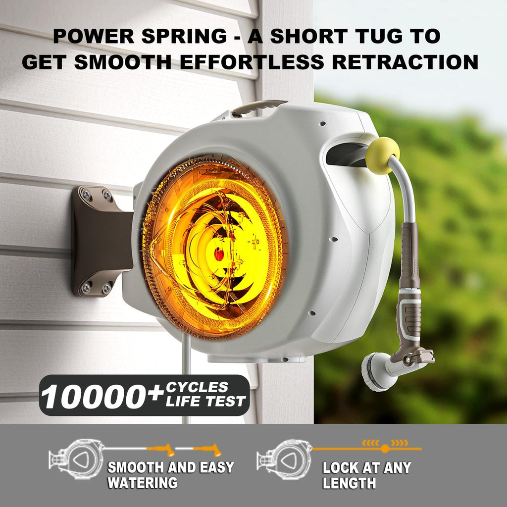Retractable Garden Hose Reel  5/8 in 100+6 ft  Heavy Duty Wall Mounted Water Hose Reel  Spring Power Automatic Rewind  Any Length Lock  180° Swivel Bracket  10 Pattern Spray Nozzle