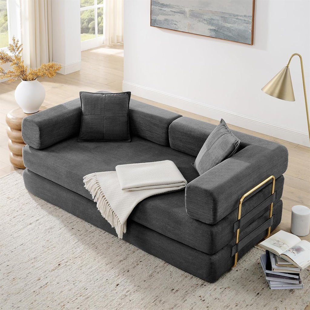 78" Convertible Futon Sofa Bed, 3-Seater Modern Corduroy Foam Floor King Size Bed Foldable Sleeper Lounge Loveseat Sofa Couch with 2 Throw Pillows for Living Room Bedroom Guest Room, Dark Grey
