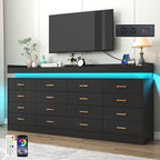 16 Drawer Dresser with LED Light and Charging Station, Modern Chest of Drawers for Closet, Wide Drawer Organizer Cabinet, Living Room, Entryway, Hallway, Black