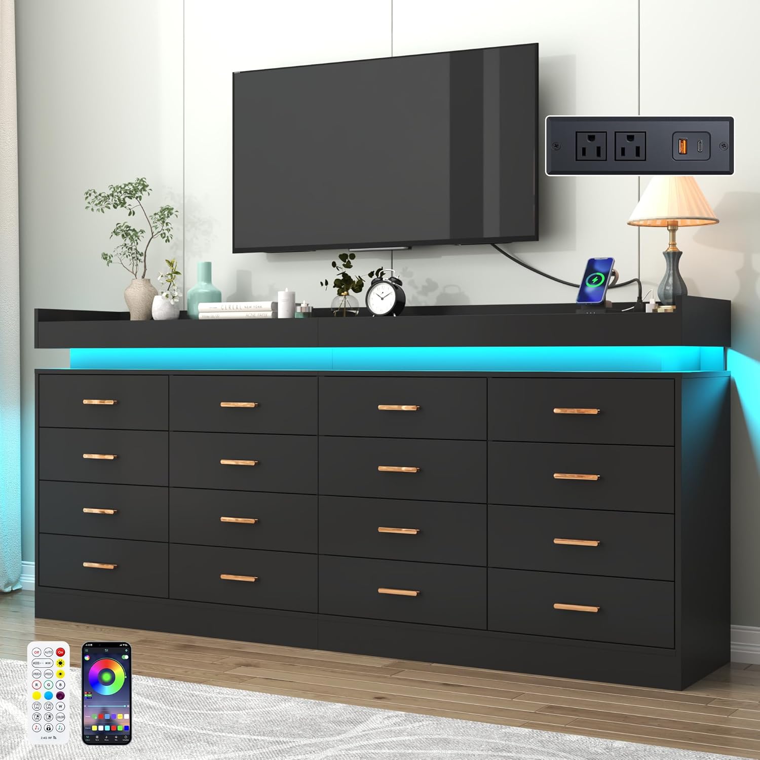16 Drawer Dresser with LED Light and Charging Station, Modern Chest of Drawers for Closet, Wide Drawer Organizer Cabinet, Living Room, Entryway, Hallway, Black