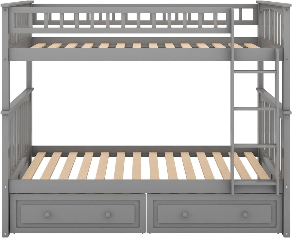 Merax Twin Over Twin Bunk Bed with 2 Storage Drawers and Ladder, Can be Devided into 2 Beds, No Spring Box Needed, Grey