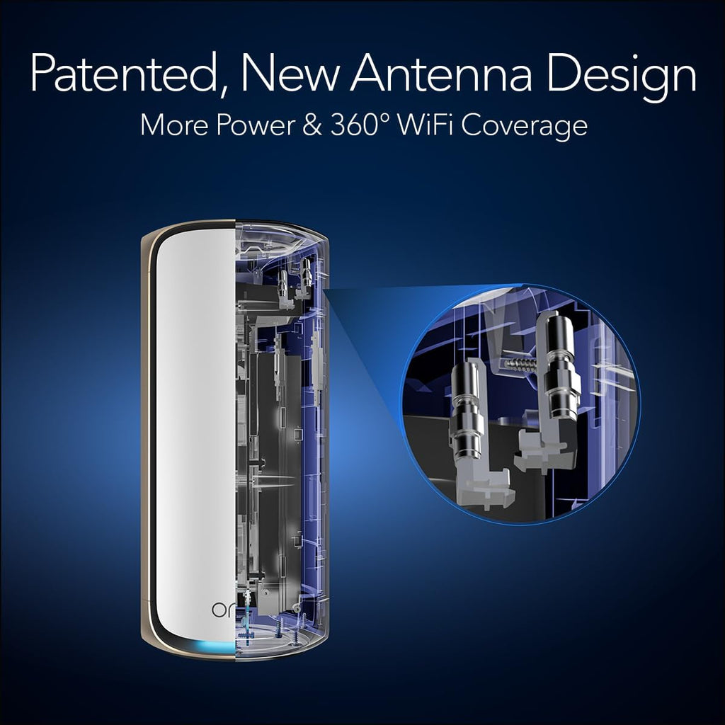 NETGEAR Orbi 970 Series Quad-Band WiFi 7 Mesh Network System (RBE973S)  Router + 2 Satellite Extenders  Security Features  Up to 27Gbps  Covers Up to 10 000 sq. ft.  200 Devices  10 Gig Internet Port