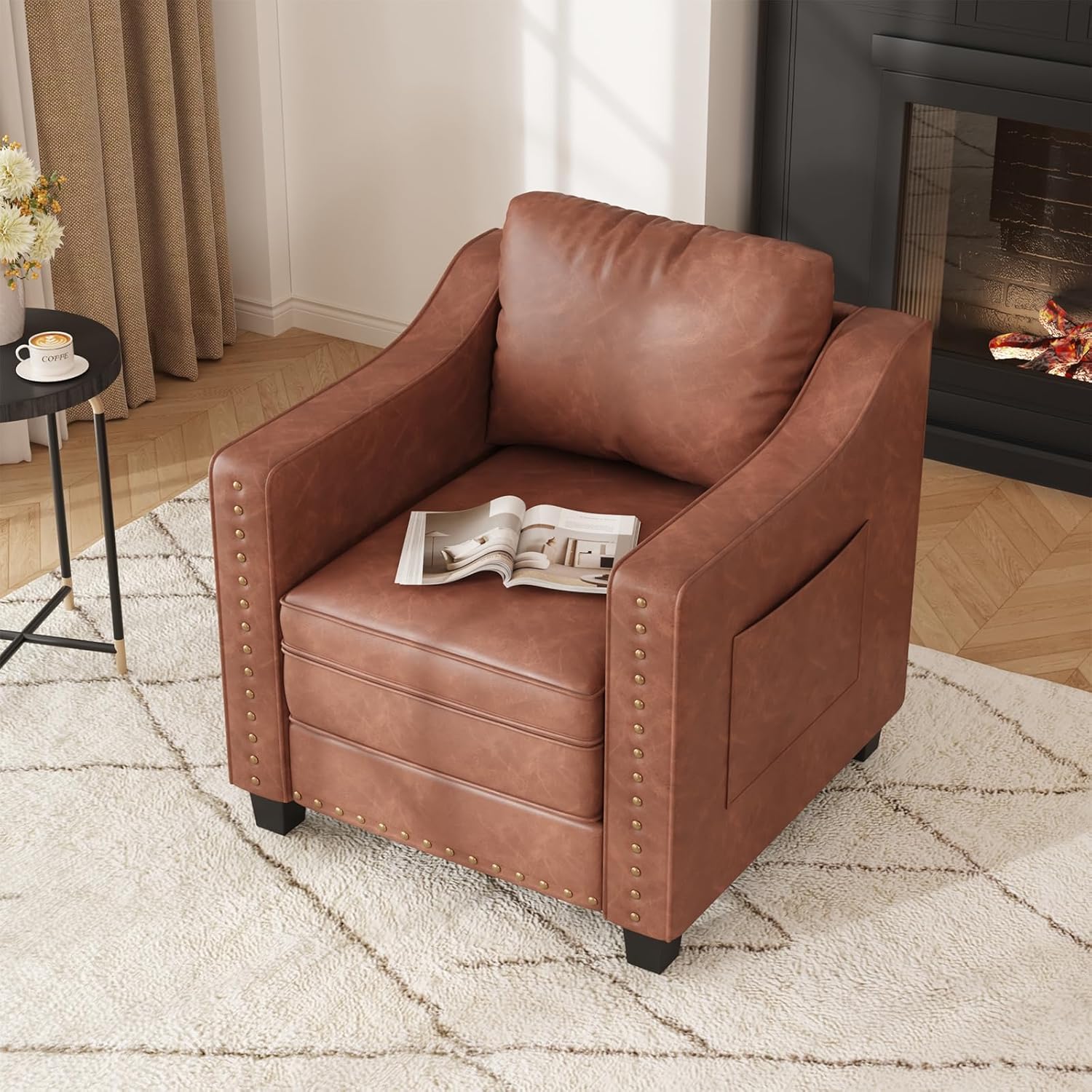 Mid Century Modern Accent Chair, 30 Inches PU Leather Armchairs, Barrel Chair Living Room Chairs Club Chair with Cushion Reading Chair for Bedroom, Apartment, Reading Room, Brown