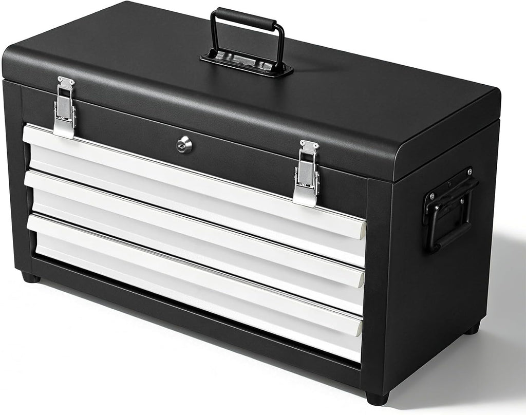 3 Drawers 22" Portable Metal Tool Box, Heavy Duty Toolbox with Double Locking System & Unique Built-in Drawer Lock, Tool Chest Organizer for Workshop, Garage, DIY Office Storage
