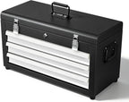 3 Drawers 22" Portable Metal Tool Box, Heavy Duty Toolbox with Double Locking System & Unique Built-in Drawer Lock, Tool Chest Organizer for Workshop, Garage, DIY Office Storage