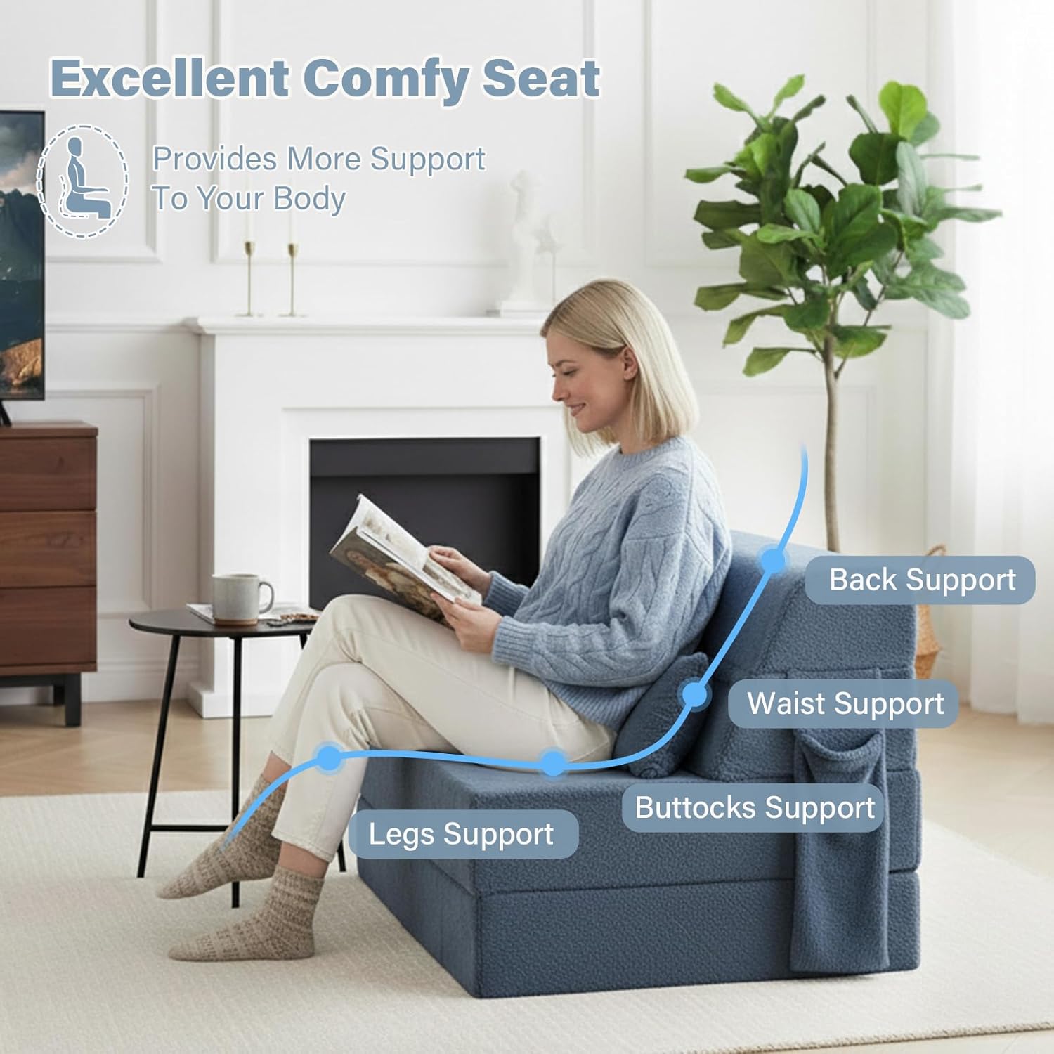 Tiita Convertible Folding Sofa Bed Single Size for Adults with Pillow, Plush Fabric Floor Mattress Couch Bed, Washable Cover & Side Pocket, Guest Room, Dorm, Apartment, Living Room, Blue Gray