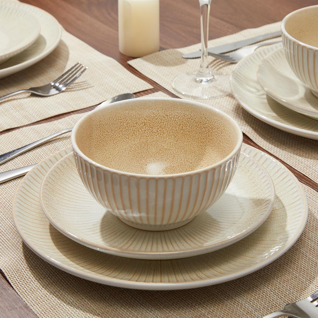 Pokini Ceramic Dinnerware Sets for 4, 12 Pieces Embossed Stoneware Plates and Bowls Sets, Scratch Resistant Dish Sets, Distinctive Granulated Surface, Housewarming Wedding Gift, Brown