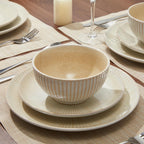 Pokini Ceramic Dinnerware Sets for 4, 12 Pieces Embossed Stoneware Plates and Bowls Sets, Scratch Resistant Dish Sets, Distinctive Granulated Surface, Housewarming Wedding Gift, Brown