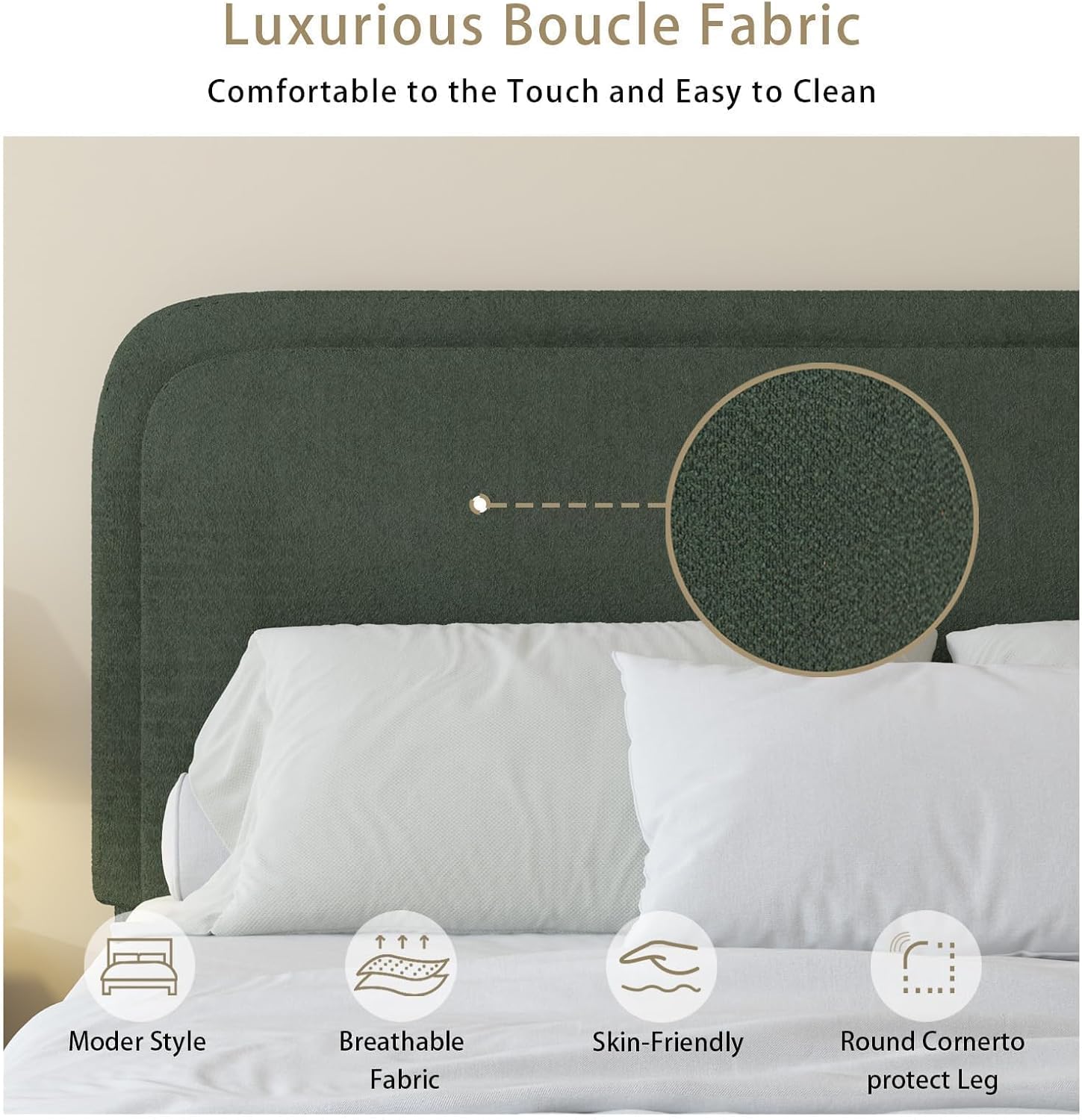 BarnFurin King Size Boucle Bed Frame and Headboard, Cloud Upholstered Platform Bed Frame, Soft Rounded Corners, No Box Spring Required, Non-Slip and Noise-Free, Easy Assembly, Green