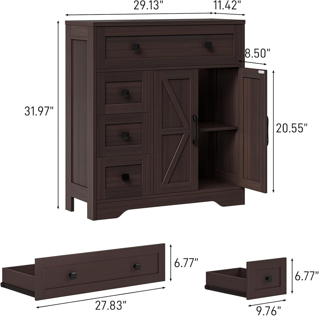Vabches Farmhouse Storage Cabinet with 2 Doors and 4 Drawers, Freestanding Bathroom Storage Cabinet Kitchen Pantry, Floor Cupboard for Living Room/Bathroom/Kitchen,Espresso