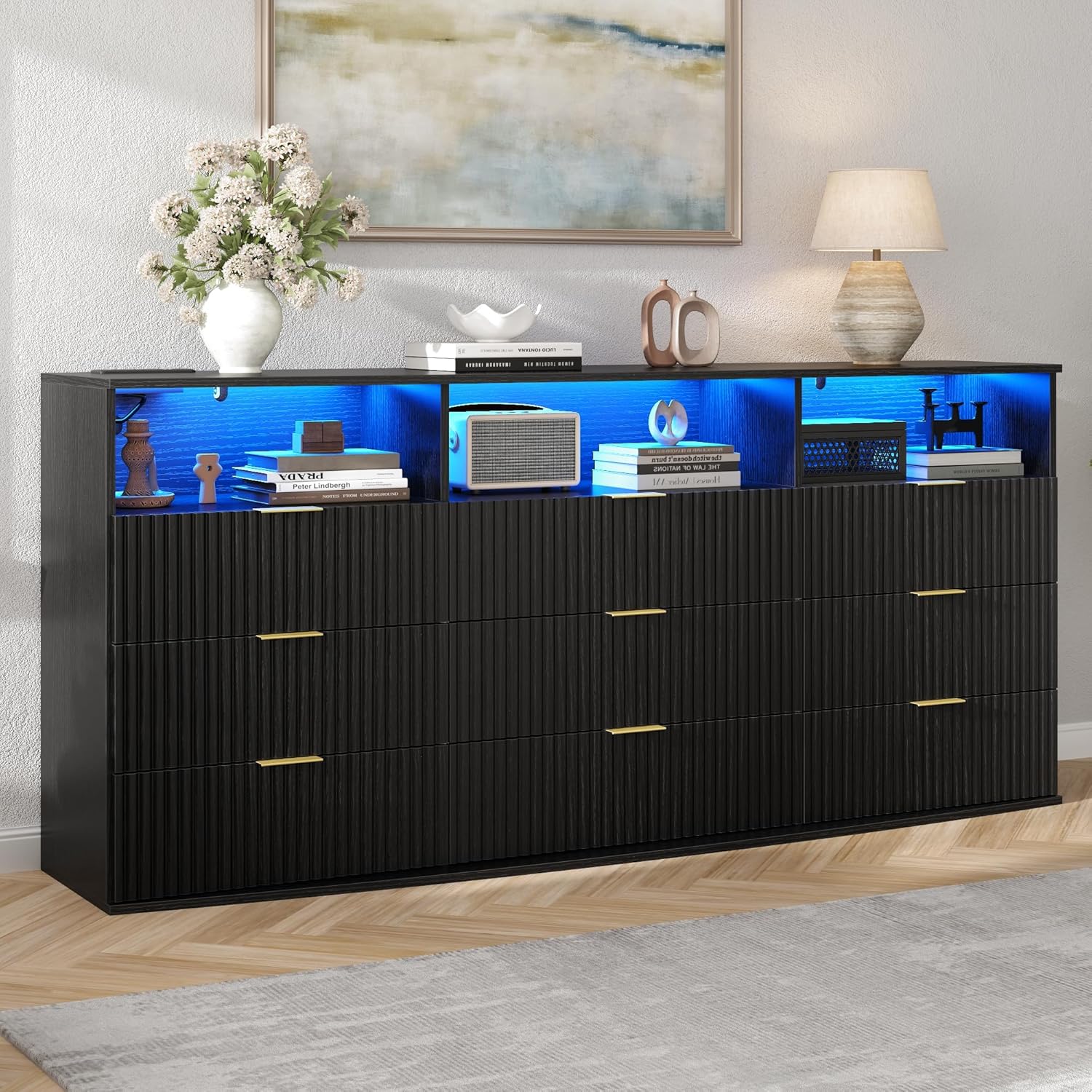 Fluted 9 Drawer Dresser with LED Lights, Modern Black Chest of Drawers with Power Outlet & Curved Top, Wood Dresser TV Stand, Black Double Dresser for Bedroom, Hallway, Living Room