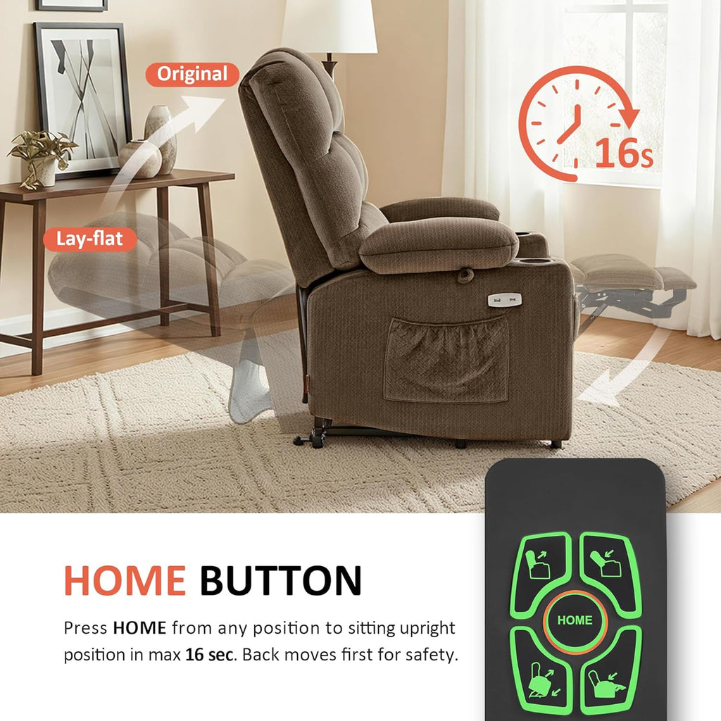 MCombo Large Dual Motor Power Lift Recliner Chair for Elderly, Massage and Heat, Lay Flat, Zero Gravity, Home Button, USB Port, Fabric 7680 (Large, Brown)