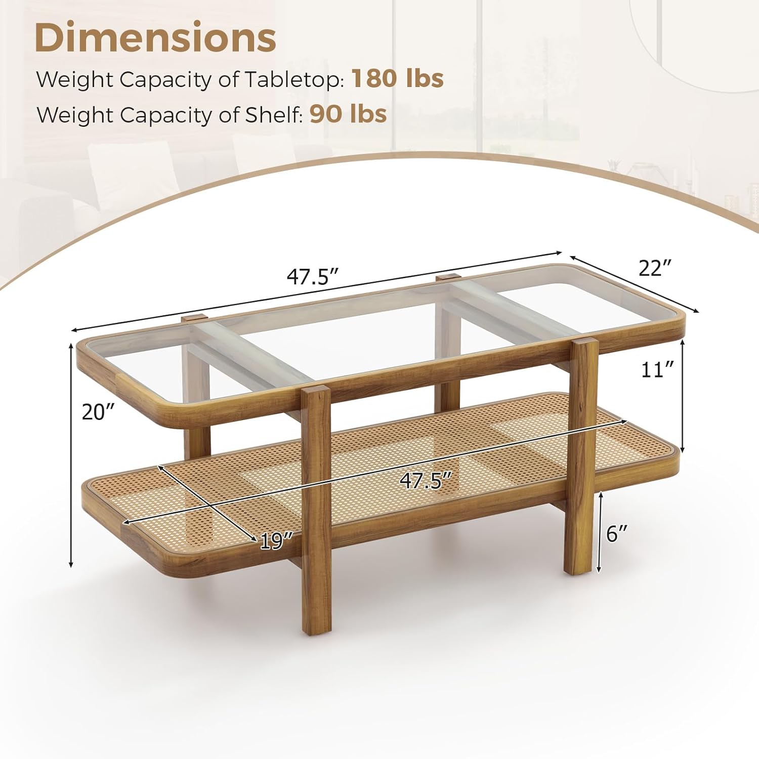Giantex Rattan Coffee Table, 47.5" Rectangle Solid Wood Tea Table w/Tempered Glass Tabletop, Rattan Storage Shelf, 2-Tier Boho Coffee Tables, Farmhouse Center Table for Living Room (Oak)