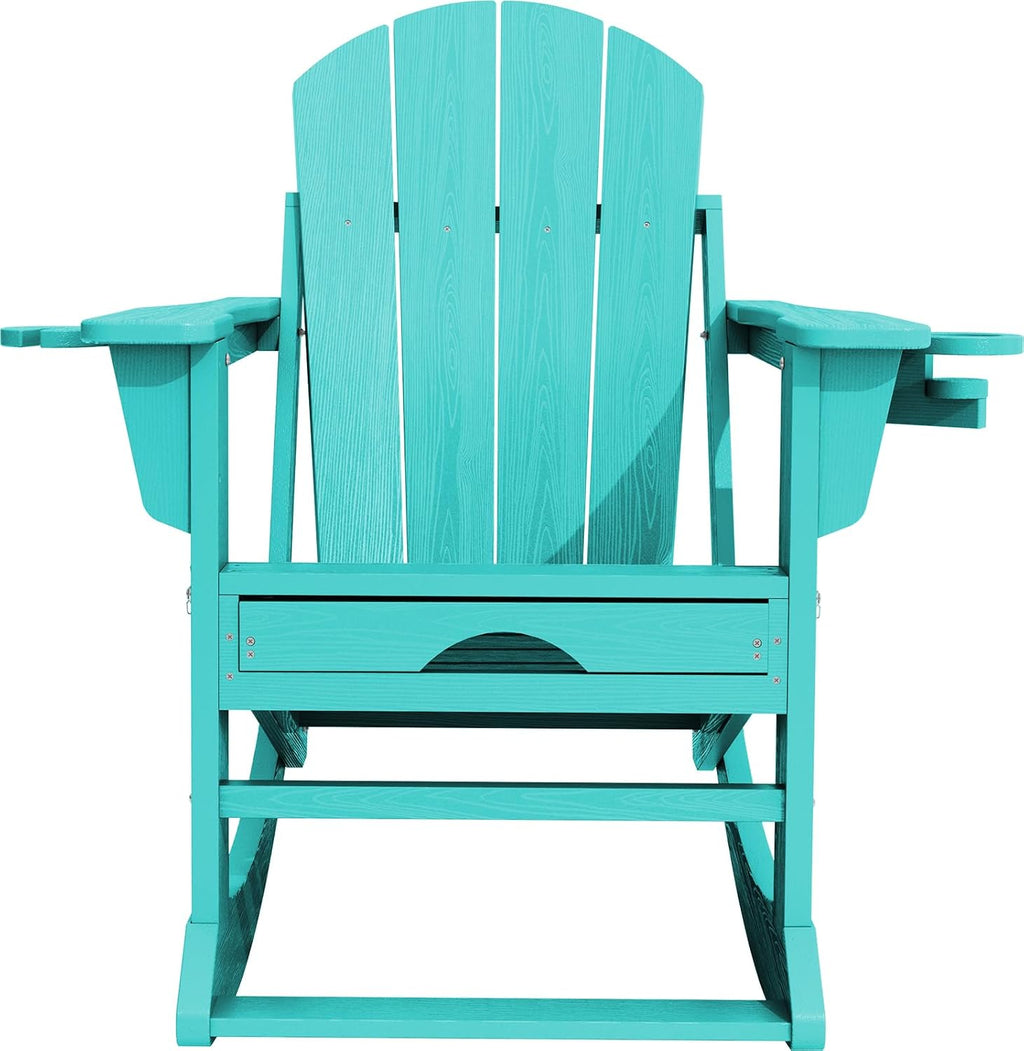 KINGYES Adirondack Rocking Chair with Retractable Ottoman and Cup Holders, HDPE Adirondack Rocker Patio Rocking Chair for Porch, Patio, Balcony, Aqua Blue