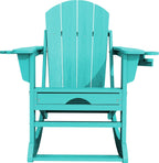 KINGYES Adirondack Rocking Chair with Retractable Ottoman and Cup Holders, HDPE Adirondack Rocker Patio Rocking Chair for Porch, Patio, Balcony, Aqua Blue