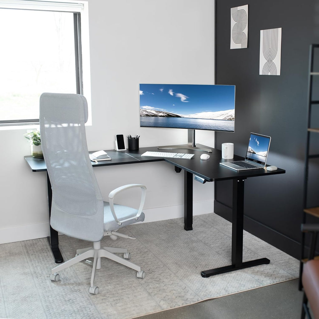 VIVO Corner Standing Desk, 63 x 55 inch Reversible L-Shaped Workstation, Electric Height Adjustment, Home, Office, and Reception Rooms, Black Table Top Black Frame, DESK-E3CTB