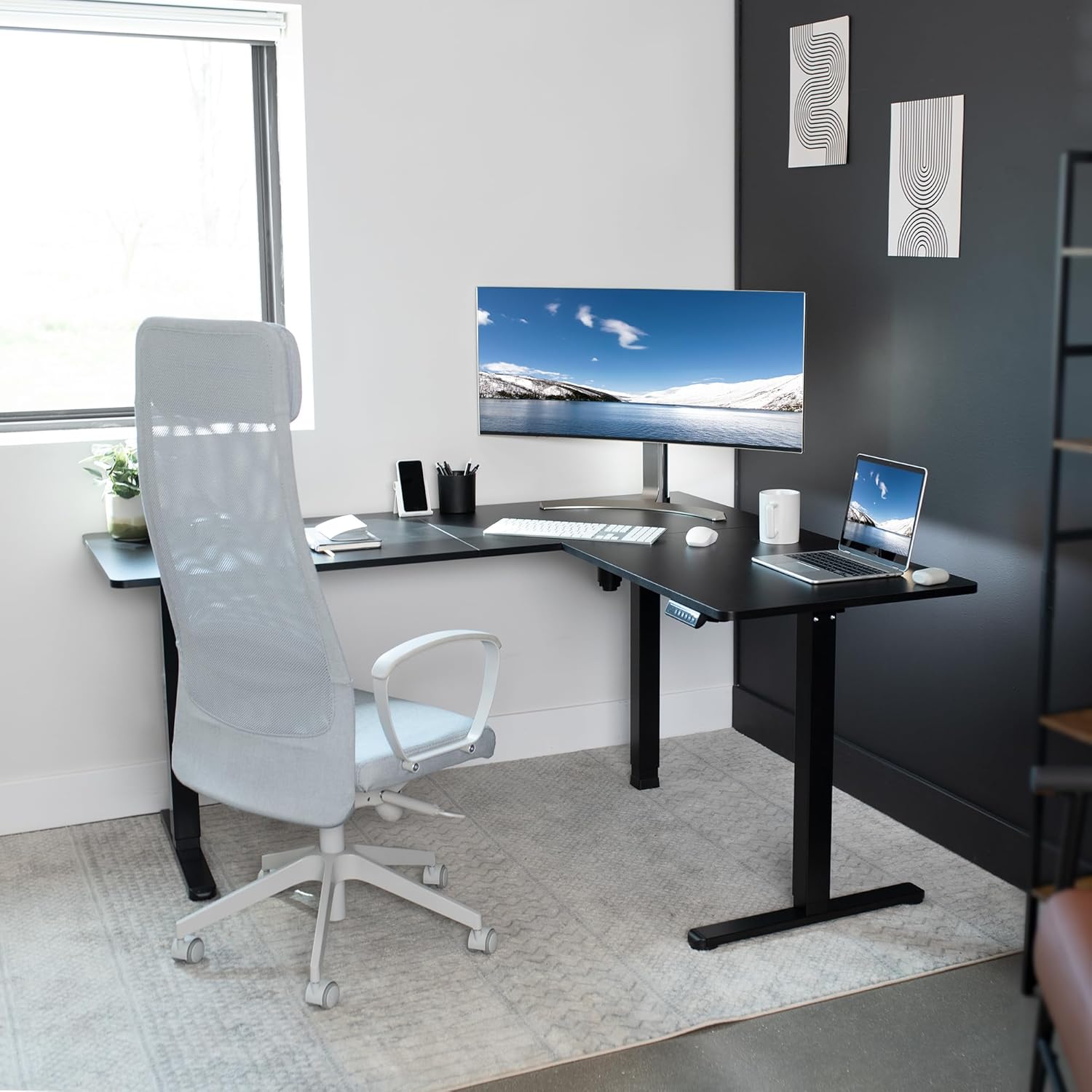 VIVO Corner Standing Desk, 63 x 55 inch Reversible L-Shaped Workstation, Electric Height Adjustment, Home, Office, and Reception Rooms, Black Table Top Black Frame, DESK-E3CTB