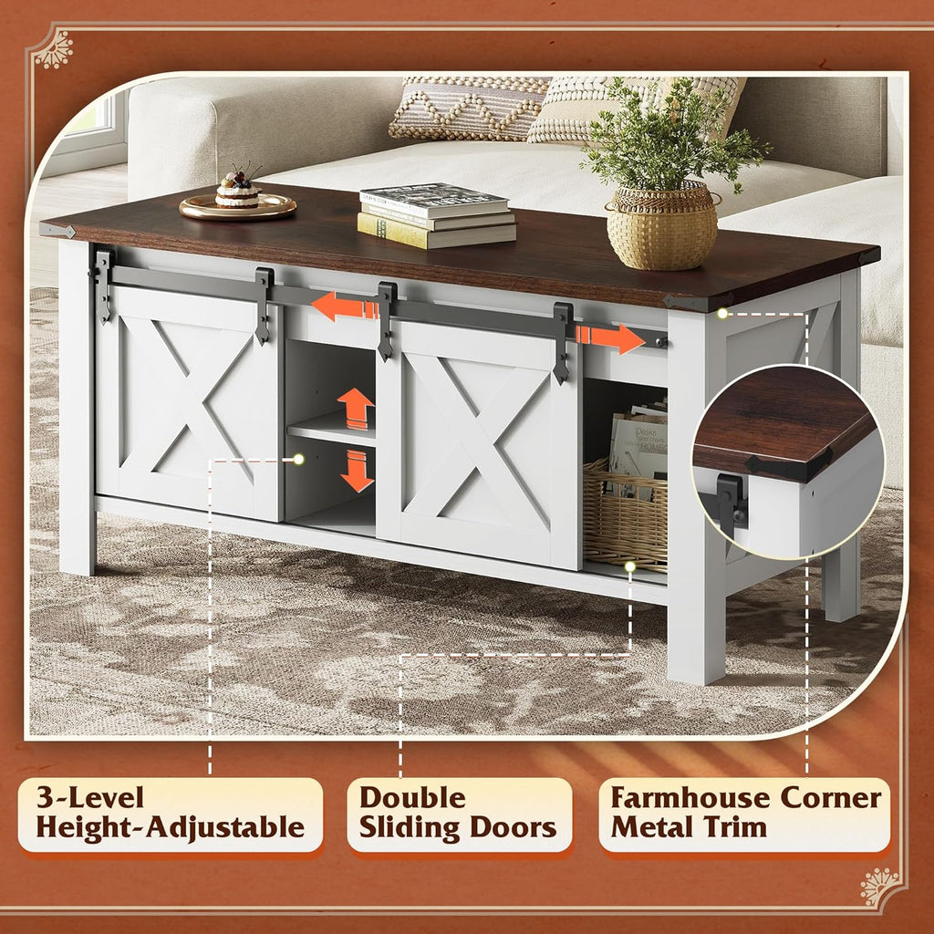 WLIVE 47.3" Farmhouse Lift Top Coffee Table with Sliding Barn Doors, Large Hidden Storage Compartment and Adjustable Shelf for Living Room,Office, White