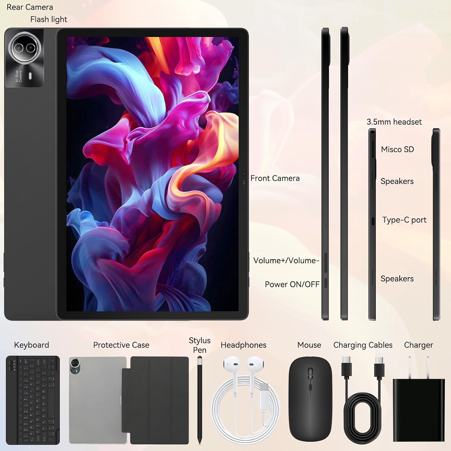Tablet｜14 inch Android 16 Tablet｜30GB RAM 256GB ROM｜1920 * 1200 IPS FHD｜10000mAh 30W Fast Charging｜Octa-core Processor｜Wi-Fi 6  BT 5.4｜Dual Camera with Keyboard｜Mouse｜Stylus｜Case｜Headphone