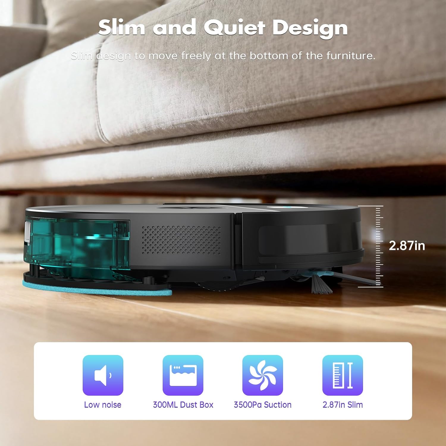 ECOHOME Robot Vacuum and Mop Combo,3500Pa Powerful Suction, with Wi-Fi/App/Remote,2 in 1 Mopping Robot Vacuum Cleaner,Dustbin and Watertank, for Pet Hair,Hard Floors and Low Pile Carpet Black
