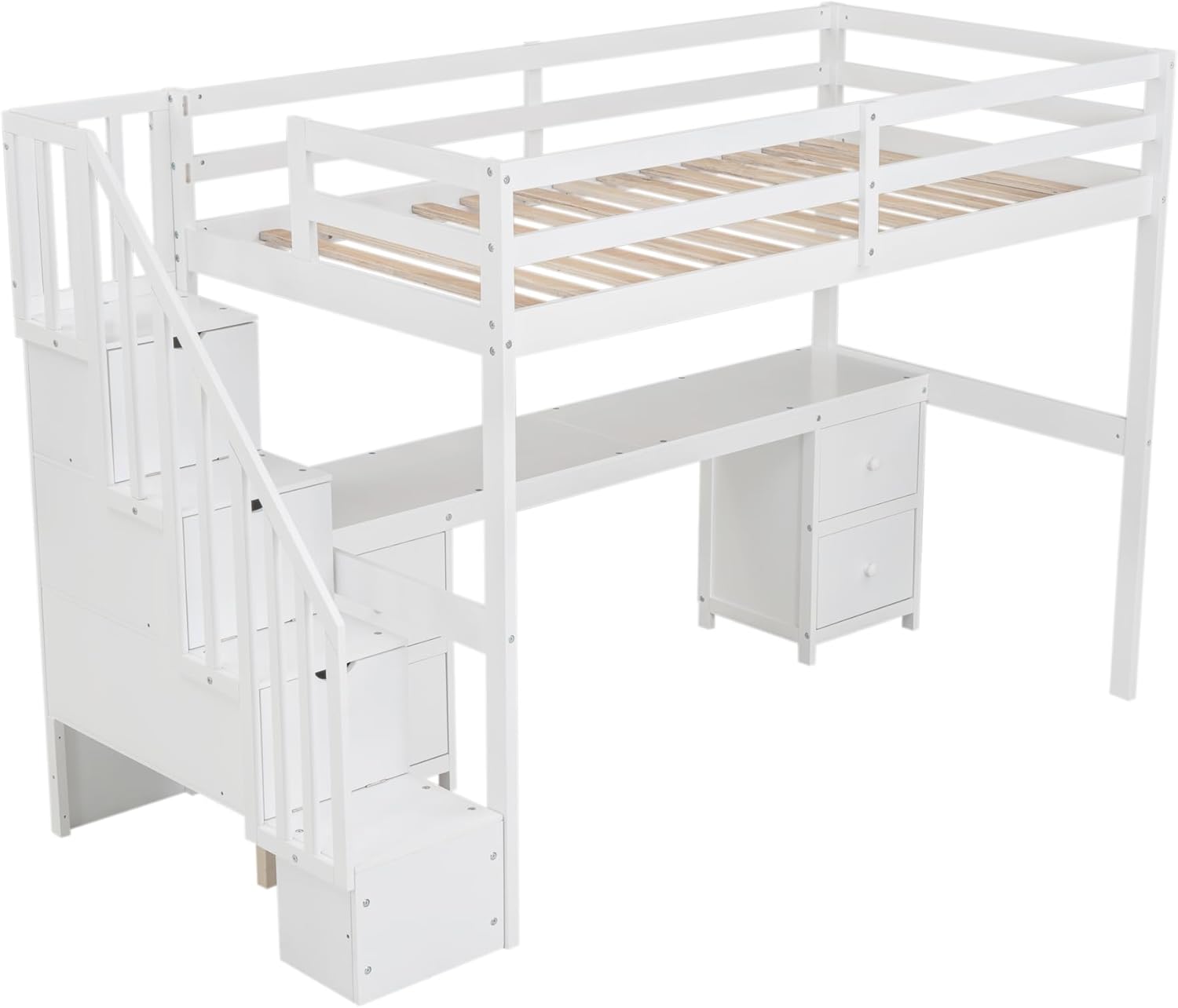 Harper & Bright Designs Low Loft Bed Twin Size with Desk, Twin Loft Bed with Drawers & Stairs & Guardrails for Kids Bedroom Guest Room, Under-Bed Space, No Box Spring Required, Space Saving, White