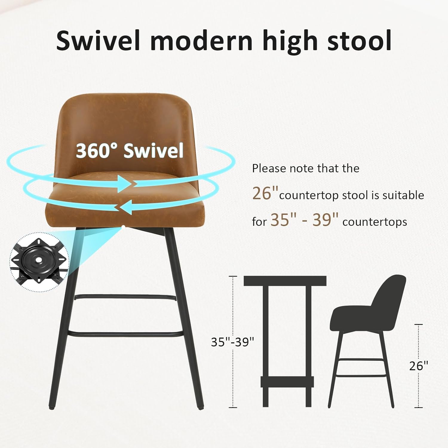 Counter Height Bar Stools Set of 4,360° Swivel Faux Leather Barstools with High Back 26" H Seat Height (Faux Leather-Saddle Brown, 4 Pieces - 26" Counter Height)