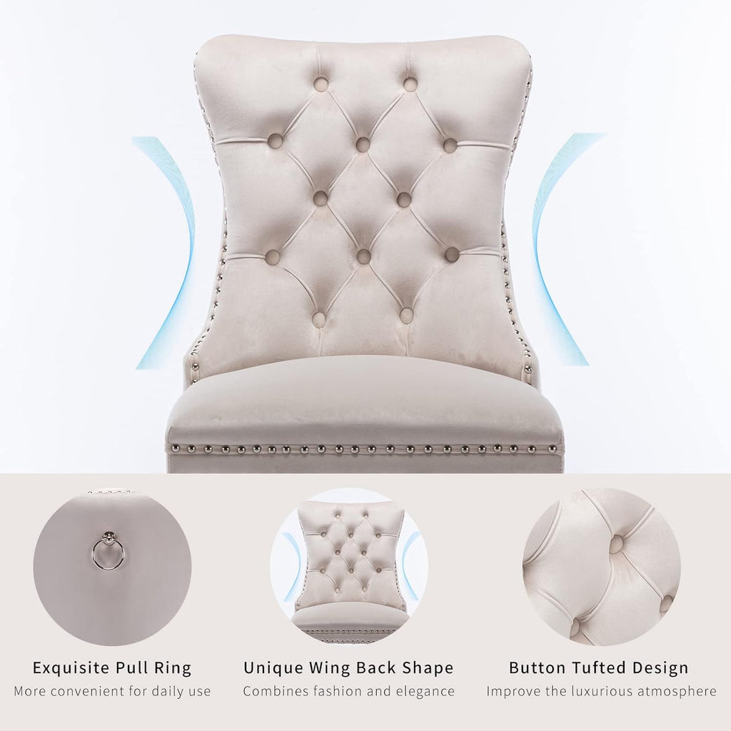Beige Velvet Dining Chairs Set of 4, Kitchen & Dining Room Chairs, Fabric Tufted Dinning, Velvet Upholstered, High Wing Back, Pull Ring, Wood Frame, Mid Century Modern, Sillas de Comedor