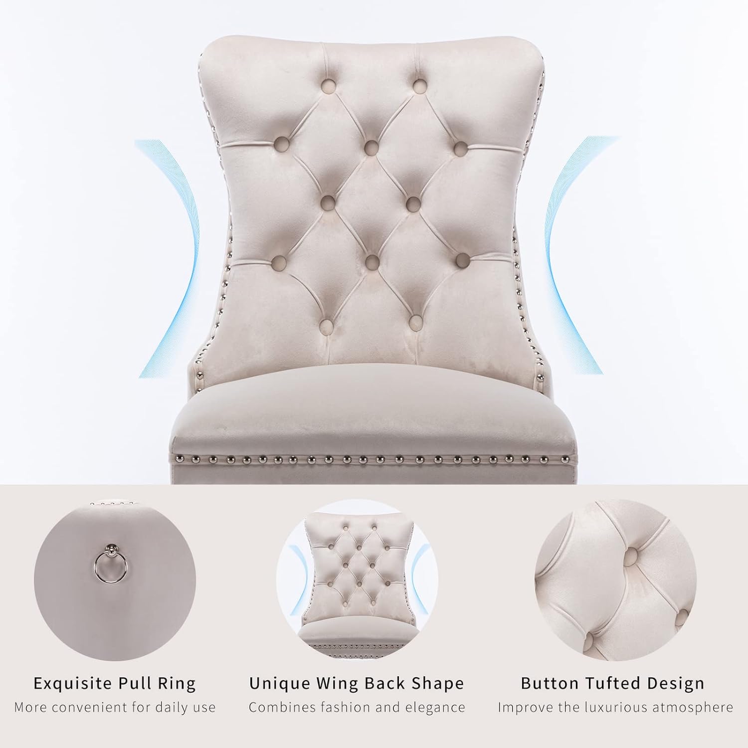 Beige Velvet Dining Chairs Set of 4, Kitchen & Dining Room Chairs, Fabric Tufted Dinning, Velvet Upholstered, High Wing Back, Pull Ring, Wood Frame, Mid Century Modern, Sillas de Comedor