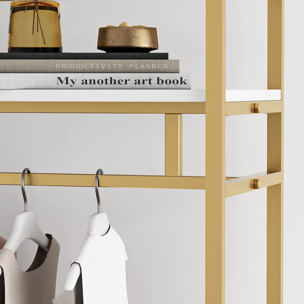 Heavy Duty Gold Clothing Rack with Shelves for Hanging Clothing, Gold Metal Freestanding Garment Rack for Retail Display (59" L)