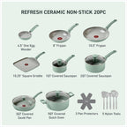 T-Fal Refresh Ceramic Nonstick Cookware Set, 20-Piece, Oven Safe to 350°F, Stockpot, Ceramic Pots and Pans Set, Frying Pans, Griddle, Utensils, Mint Green