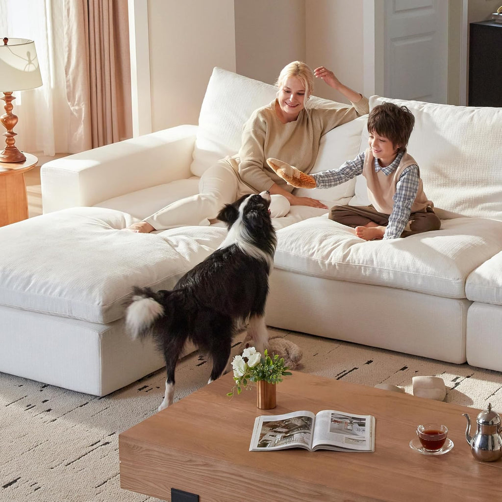 Cloud Couch Sectional 113.8'' Oversized Modular Deep Seat Sofa L Shaped Comfy White Cloud Couch with Washable Cover for Living Room 3 Seater with 1 Ottoman
