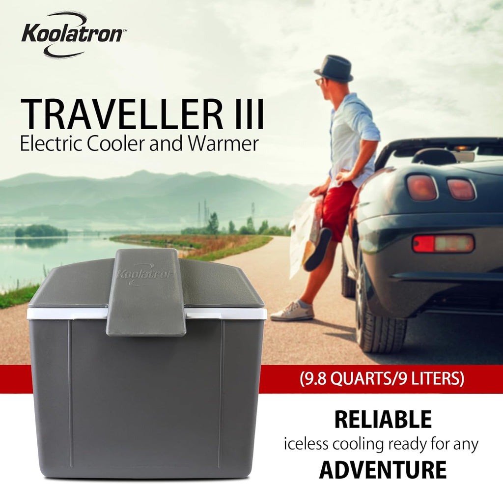 Koolatron Electric Portable Cooler Plug in 12V Car Cooler/Warmer 9.8 qt (9 L), No Ice Thermo Electric portable Fridge for camping, Travel Road Trips Trucking with 12 Volt DC Power Cord, Gray/White.