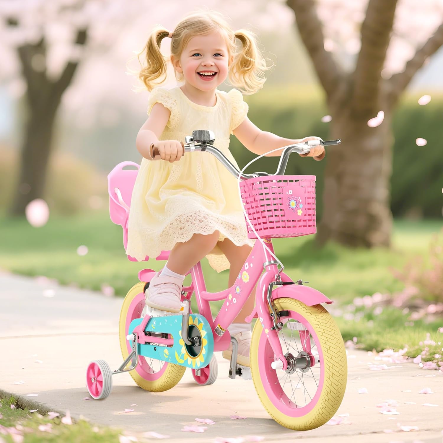 XJD Girls Bike for Toddlers 3-9 Years Old Kids, 12 14 16 Inch Kids Bike with Training Wheels, Streamers, Basket and Doll Seat
