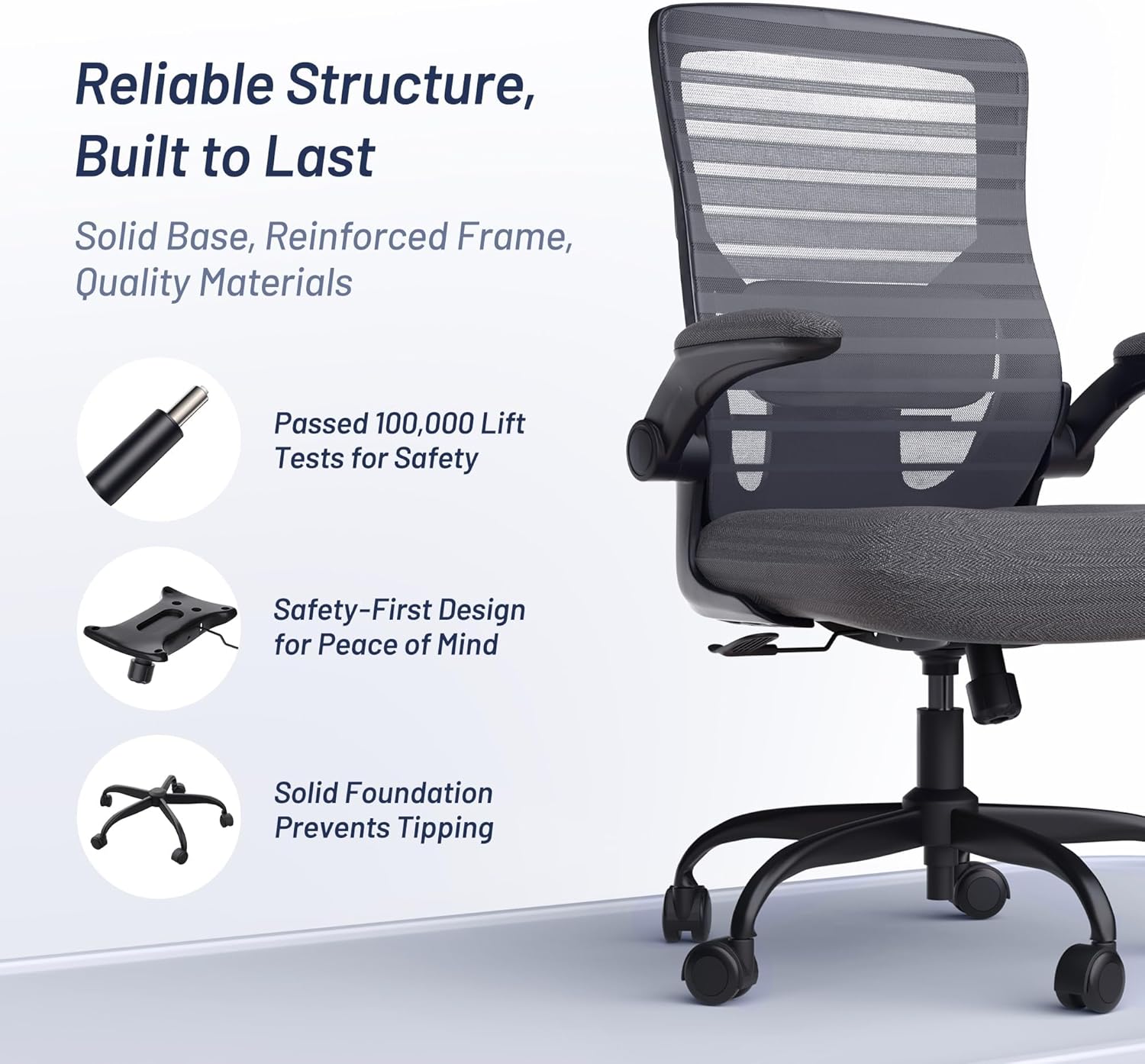 Office Desk Chair for Long Hours & Back Pain Relief – 4“ Thick Molded Foam Cushion, Enhanced Lumbar Support, Padded Flip-up Armrests, Ideal for Office or Study, Dark Gray