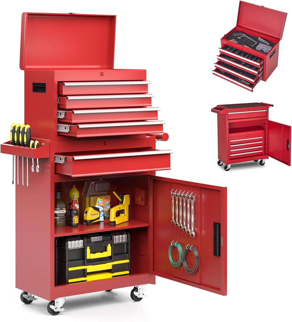 AirWire 5-Drawer Tool Chest, Rolling Tool Storage Cabinet with Detachable Top Tool Box, Enhanced Packaging, Metal Tool Cart for Garage Workshop, Red