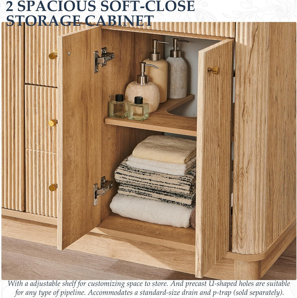 T4TREAM 48 Inch Bathroom Vanity with Sink, Modern Fluted Large Double Sink Bathroom Vanity with 2 Storage Cabinets, Adjustable Shelf, and 2 Drawers, Natural Oak