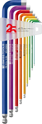 PB Swiss Tools Limited Edition 25Y Rainbow Hex Key Set PB 212.LH-10RB25YCN | 100% Swiss Made | 9-Piece Allen Wrench Set Color Coded by Size 1.5-10mm with Ball End