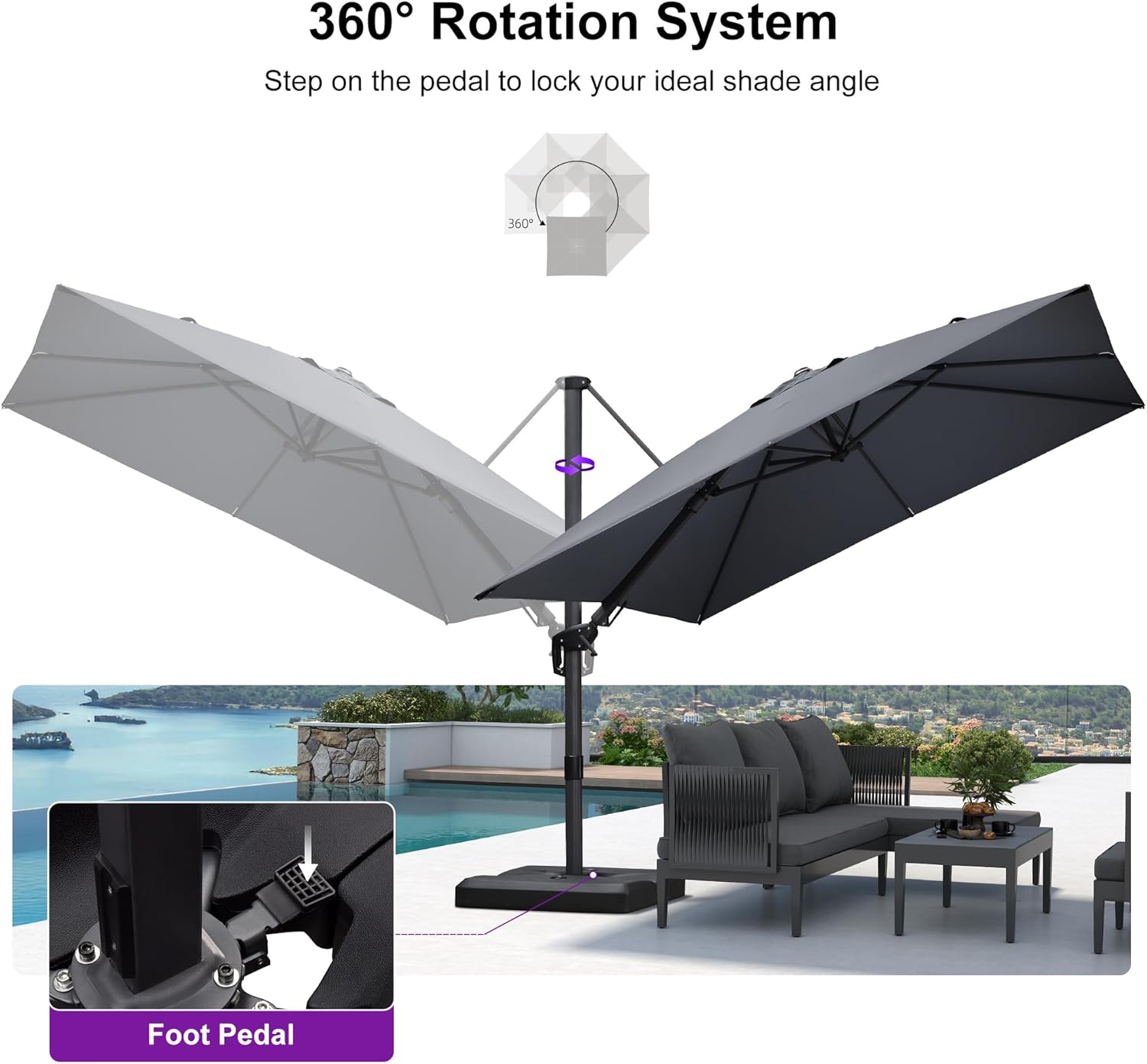 PURPLE LEAF 9.8' X 9.8' Tilting Patio Umbrella with Base Outdoor Cantilever Swivel Square Umbrella with Tilt Aluminum Offset Umbrella with 360-degree Rotation for Garden Deck Pool Patio Light Grey