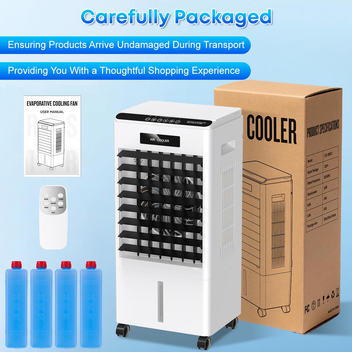 Portable Air Conditioners, 3-in-1 AC Cooling Fan 3 modes 3-Speed with Remote Control & 4 Ice Boxes, Evaporative Air Cooler with 8L Tank for 20H Cooling, for Home, Bedroom, Kitchen, Living Room (Black)