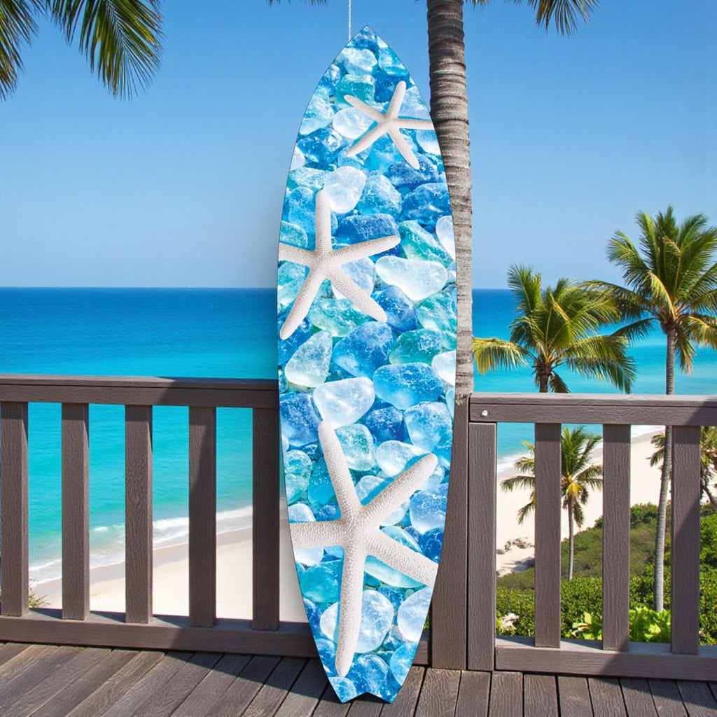 Starfish and Seaglass Decorative Surfboard, Blue Ocean Theme, Premium PVC, Indoor Outdoor Safe, CNC Machine Cut, Made in USA